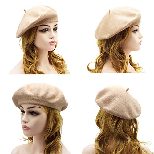 Wheebo Wool Beret Hat,Solid Color French Style Winter Warm Cap for Women Girls Lady - color: Beige