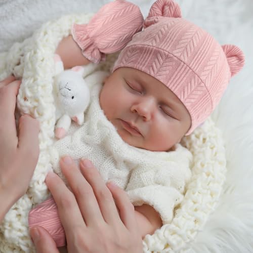 Newborn Baby Hat and Mittens Set Bear Ears Toddler Infant Beanie Caps Newborn Hospital Hat for Baby Boy Girl 0-3 Months - color: Wheat Patterned Bear Ear a