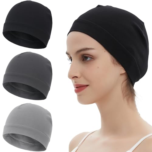 100% Cotton Skull Caps Beanie Bald Sleeping Hats for Men Women - color: 3pieces-black,dark Gray,light Gray