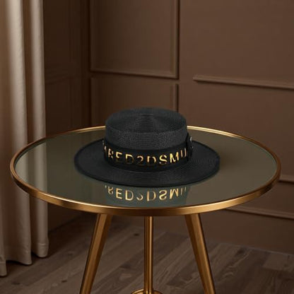 2026 New Viral Influencer Letter Band Boater Straw Sun Hat for Women Wide Brim UV Protection Beach Vacation Essentials - color: Black