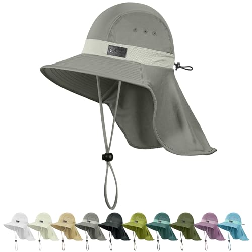 Sukeen Cooling Sun Hat for Men Women UPF50+ Wide Brim Fishing Hat with Neck Flap Adjustable Foldable Bucket Hat for Hiking - color: Grey