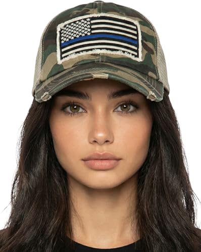 Funky Junque Distressed Baseball Cap, Vintage Embroidered Dad Hat - color: American Flag W/Blue Line - Green Camo
