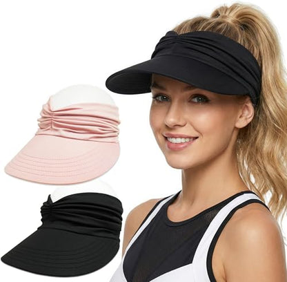 2 Pack Sun Visor Hat Wide Brim Womens Beach Hats Foldable Golf Women Visors - color: Black, Pink