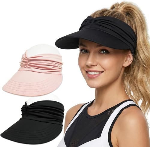 2 Pack Sun Visor Hat Wide Brim Womens Beach Hats Foldable Golf Women Visors - color: Black, Pink