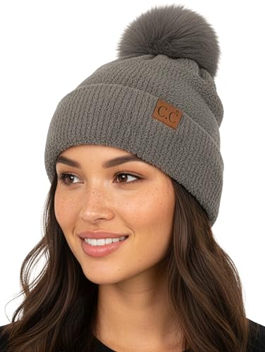 Funky Junque Beanie for Women Ultra Soft Chenille Faux Fur Pom Pom Winter Hats Warm Ski Cap Fashion - color: Terry Chenille - Light Grey