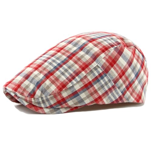 Mens Plaid Newsboy Flat Cap Ivy Gatsby Driving Hunting Cabbie Hat - color: Red-plaid D