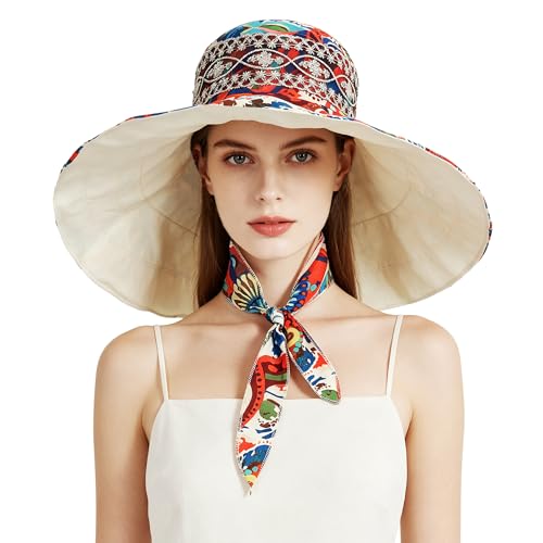 Women's Foldable Floppy Sun Hats Reversible Vacation Beach Cap Summer Wide Brim UPF 50+ Travel Fishing Bucket Hat - color: Beige