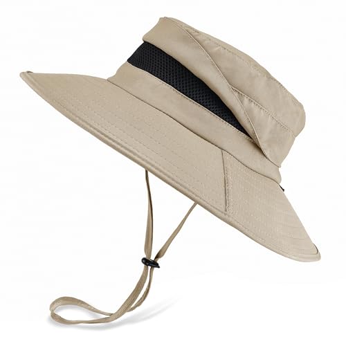 Men's UPF 50+ Waterproof Wide Brim Boonie Hat, Sun & Rain Protection - color: Light Camel (No Waterproof)
