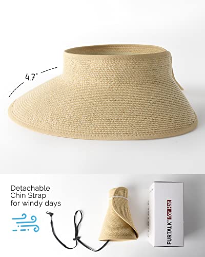 FURTALK Womens Sun Hat with Ponytail Hole Wide Brim Beach Straw Visor - color: Beige Khaki Mix