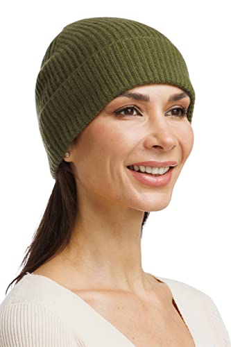 Fishers Finery Women's 100% Cashmere Cuffed Beanie - color: Olive
