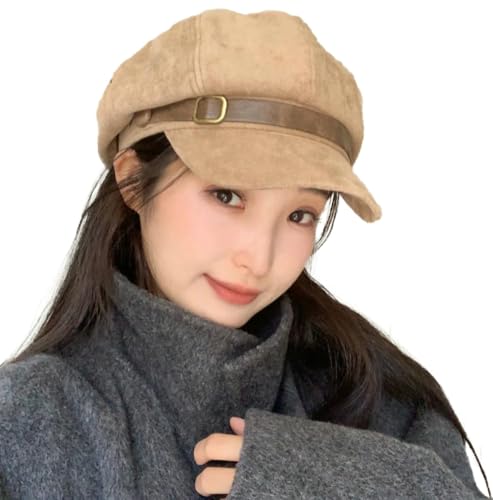 Vintage Newsboy Hats Winter Suede Caps Women's Octagonal Hat Fashion Gatsby Cabbie Baker Visor Beret Hat - color: Camel