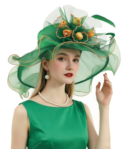 ORIDOOR Women Organza Fascinator Church Derby Hat Floral Tea Party Wedding Hat - color: A865-green