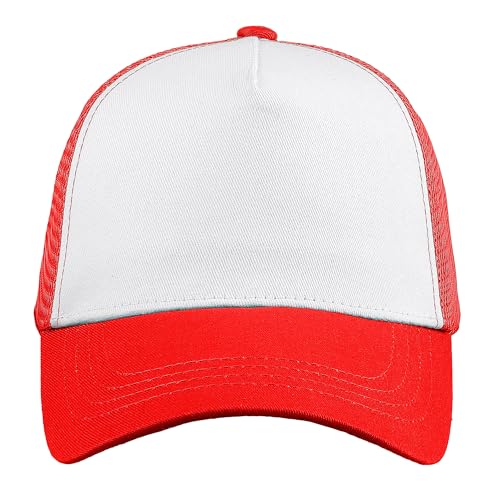 Falari 5-Panel Mesh Baseball Cap, Trucker Hat, Structured Plain Design, Cotton, Adjustable Size - color: 1pk Red