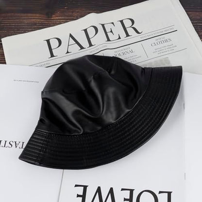 MILAKOO Pu Leather Bucket Hat for Unisex Reversible Fishing Cap Metallic Retro 80s 90s Fisherman Hat - color: A: Black