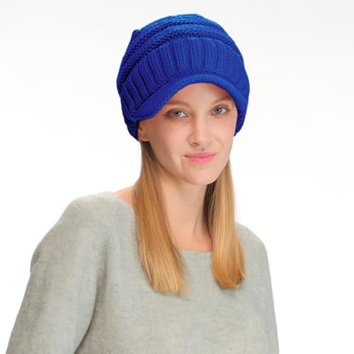 C.C Trendy Warm Oversized Chunky Soft Oversized Ribbed Slouchy Knit Hat with Visor Brim - color: Royal Blue