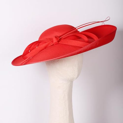 Royal Ladies Sinamay Weddings Hats Fascinators Big Brim Kentucky Church Fedoras Hat - color: Red