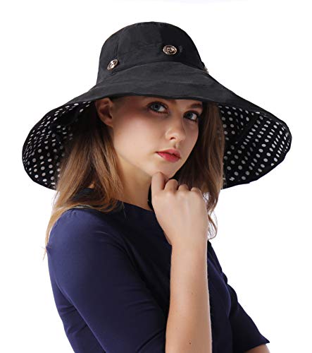iHomey Packable Shapeable Extra Large Brim Floppy Sun Hat Reversible UPF 50+ Beach Sun Bucket Hat - color: Black-dot