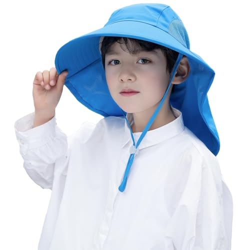Rosoz Kids Sun Hat with Neck Flap UV Protection Summer Toddler Beach Hat Unisex Ponytail Hat Wide Brim Fishing Hat - color: 2pack-blue+light Grey