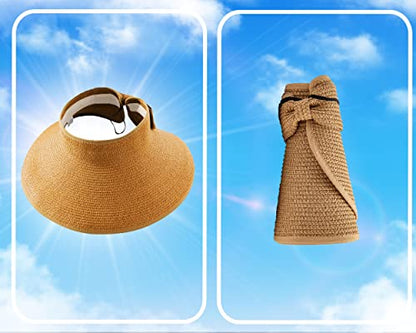Straw Sun Visor for Women, Wide Brim UPF 50+ Protection Beach Hat, Adjustable, Roll Up Foldable Ponytail Cap with Chin Strap - color: Khaki