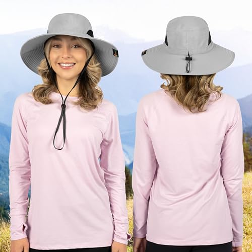 SUN CUBE Wide Brim Sun Hat for Men & Women, UPF 50+ UV Protection, Mesh Boonie Hat with Chin Strap, Fishing Hiking Hat - color: Light Grey