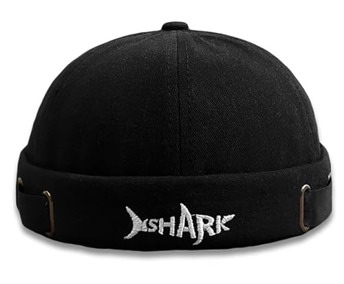 Mens Docker Cap – Brimless Beanie Skull Cap Retro Rolled Cuff Adjustable Cotton - color: Shark Embroidery