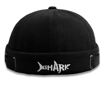 Mens Docker Cap – Brimless Beanie Skull Cap Retro Rolled Cuff Adjustable Cotton - color: Shark Embroidery