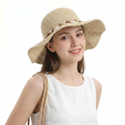 Womens Foldable Straw Sun Hat Summer Wide Brim Crochet Bucket Hats UPF 50+ Travel Beach Fedora Fisherman Cap Sombrero Hat - color: Beige