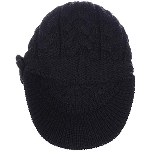 BYOS Womens Winter Chic Cable Warm Fleece Lined Crochet Knit Hat W/Visor Newsboy Cabbie Cap - color: Cable W/ Flower Black