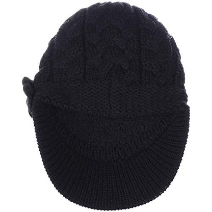 BYOS Womens Winter Chic Cable Warm Fleece Lined Crochet Knit Hat W/Visor Newsboy Cabbie Cap - color: Cable W/ Flower Black