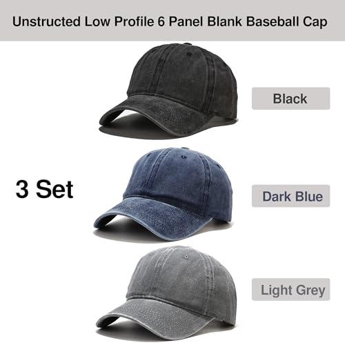 Baseball Cap 3 Pack, Vintage Distressed Cotton Dad Hats for Women Men - color: Black, Dark Blue, Light Grey