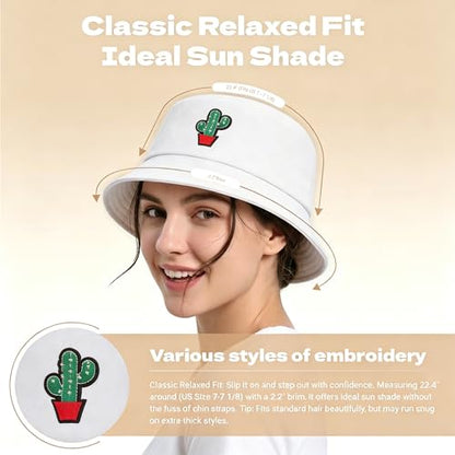 ZLYC Cotton Bucket Hat for Women Men Embroidered Packable Summer Sun Cap - color: Cactus White