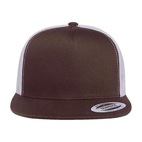 Yupoong 5-Panel YP Classic Trucker Cap | High Profile Flat Visor Snapback - color: Brown/White