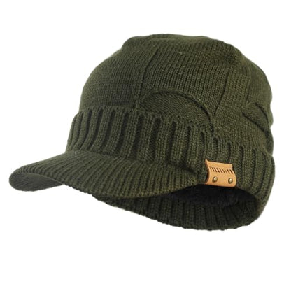 Winter Beanie with Visor - Stylish Knit Hat with Bill - Thick Brimmed Beanies with Fleece Lining Men and Women - color: B327-green