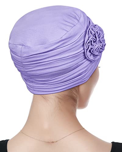 Alnorm Flower Design Chemo Hair Loss Caps Cancer Headwear for Women - color: Light Purple