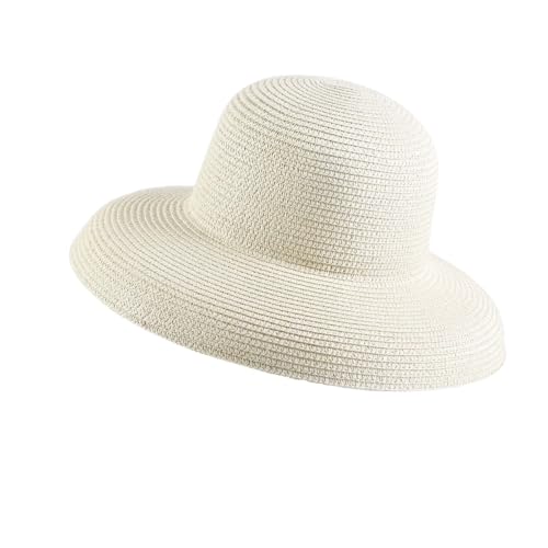 Women's Floppy Wide Brim Summer Beach Straw Hat UPF 50+ Sun Hat - color: Milky White