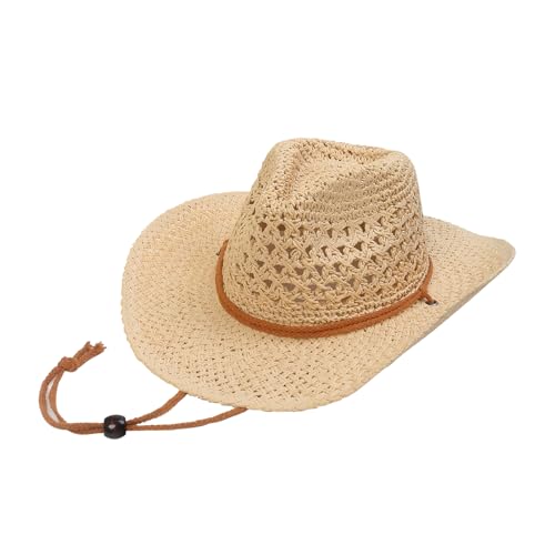 Women/Men Straw Cowboy Hat Wide Brim Sun Beach Cowgirl Hat Summer Western Cowboy for Travel Outdoor Family - color: Beige