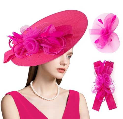dressfan Wide Brim Fascinator Derby Hats for Women,20s Detachable Flower Hat with Headband for Derby Church Wedding Tea Party - color: Fushia