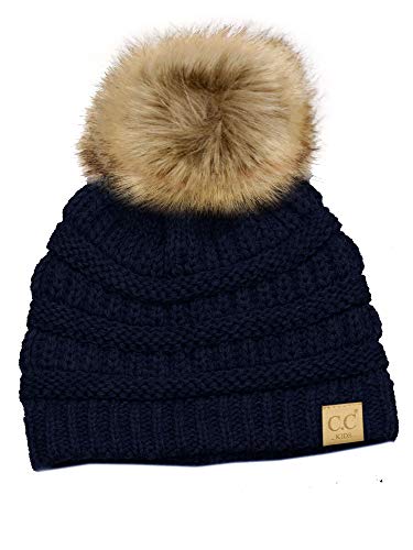 C.C Children's Kids' Soft Stretch Cable Knit Faux Fur Pom Beanie Hat - color: Navy