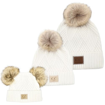 Funky Junque Mommy & Me Double Pom Beanies 3-Pack Matching Winter Hats for Mom, Toddler & Infant Girls, Cozy Knit Family Set - color: Diagonal Basketweave - White