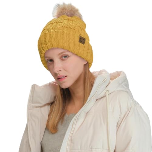 C.C Knit Beanie Hat – Fuzzy Fleece Lined Warm Winter Hat, Faux Fur Pom Soft Stretchy Slouchy Knit Cap, Cold Weather Beanie - color: Honey Mustard