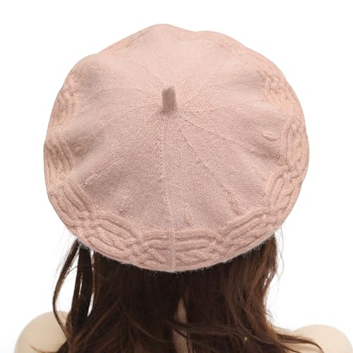 ZLYC Women French Beret Hat Reversible Solid Color Knit Warm Artist Cap - color: Cable Knit Pink