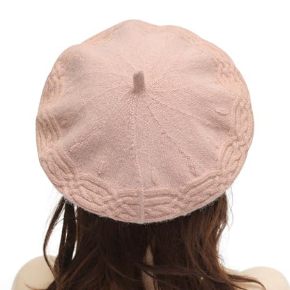 ZLYC Women French Beret Hat Reversible Solid Color Knit Warm Artist Cap - color: Cable Knit Pink