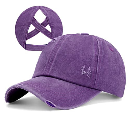 Criss Cross Ponytail Hat Women Washed Distressed Baseball Caps Adjustable High Messy Bun Ponycap - color: B - Denim Purple