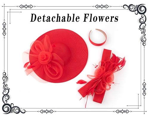 dressfan Wide Brim Fascinator Derby Hats for Women,20s Detachable Flower Hat with Headband for Derby Church Wedding Tea Party - color: Red