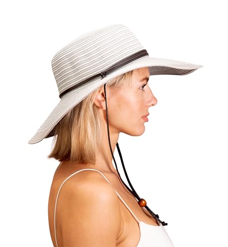 Sloggers Women's Wide Brim Braided Sun Hat with Wind Lanyard - UPF 50+ Maximum Sun Protection - color: Duo Grey