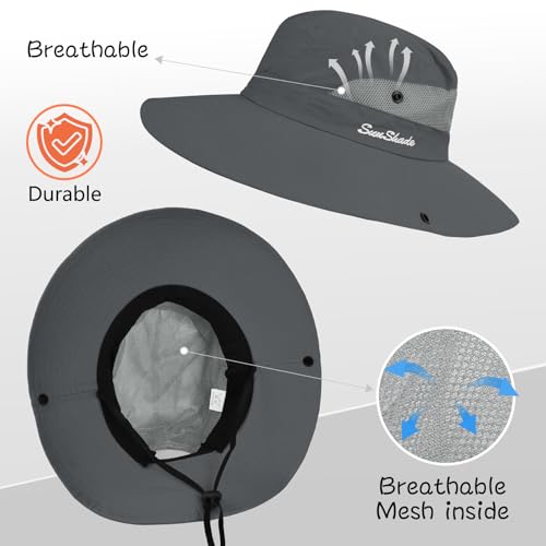 ZOORON Women's Ponytail Safari Sun Hat,Wide Brim UV Protection Bucket Hat - color: 2-darkgrey+beige