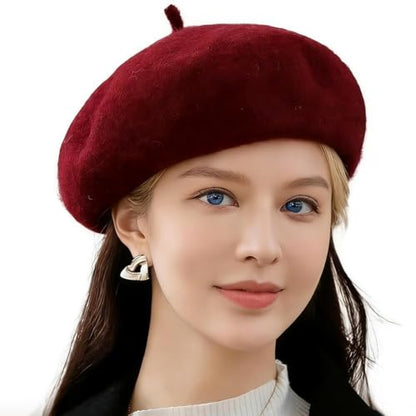 Women Classic French Beret Hat Irish Painter Cap Warm Wool Artist Beanie Hat Lady Fancy Dress - color: B-winered