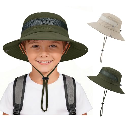 Kids Sun Hat UPF 50+ Safari Bucket Hat for Boys Girls - color: 2 Pack Army Green & Beige, size: Medium