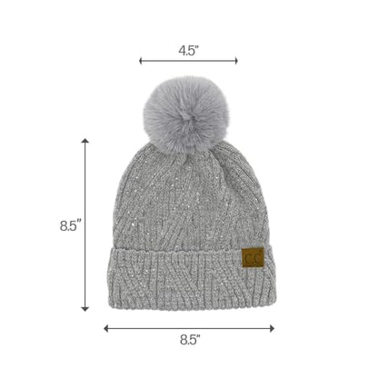 C.C Sequin Pom Beanie for Women - Acrylic Stretchable Soft Warm Knit Winter Skully Hat with Yarn Pom - color: Angora-grey
