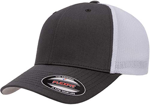 Flexfit 6511 핏 미드 프로파일 스트레치 메시 패널 트러커 캡 - color: 차콜/화이트., size: S - M